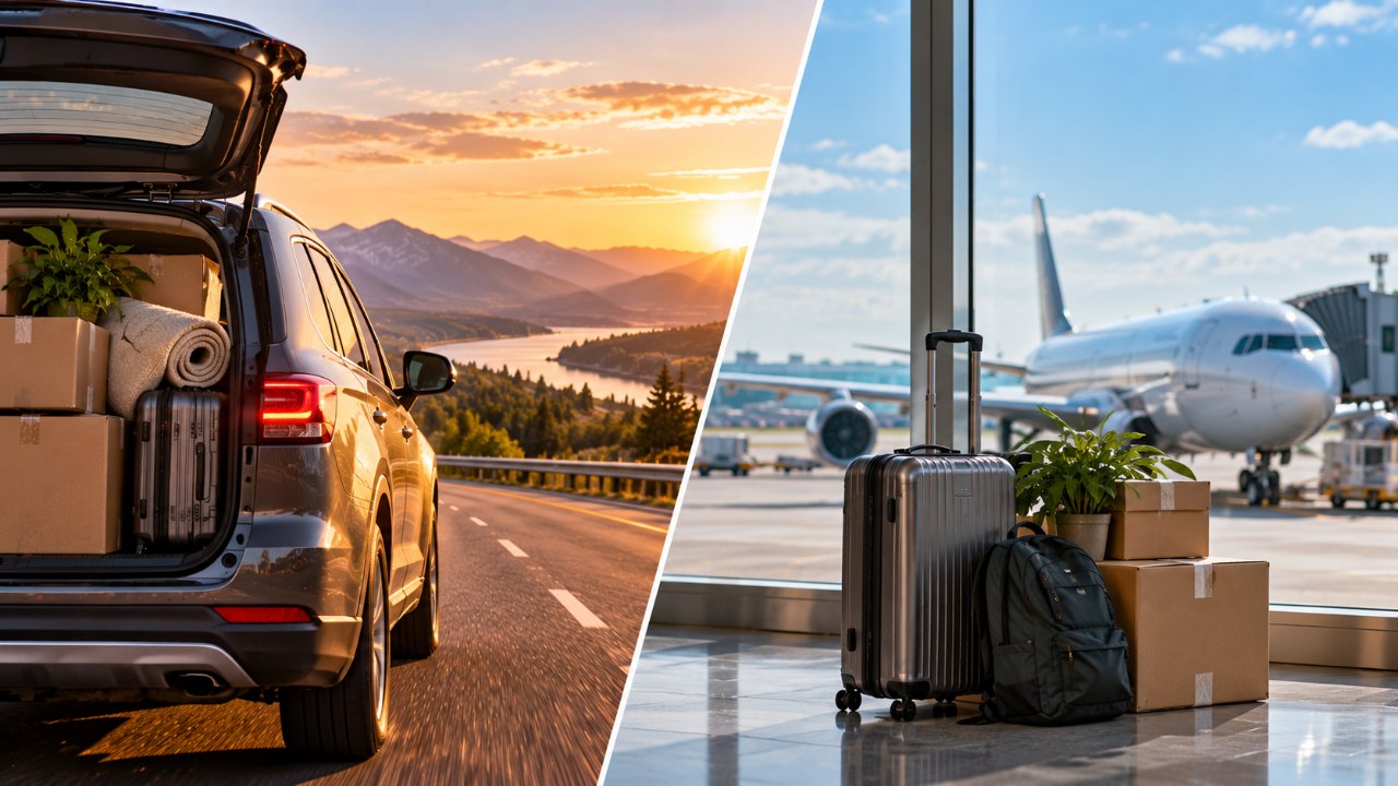 Packed car on a mountain road next to luggage and boxes at an airport, comparing driving vs flying for an interstate move